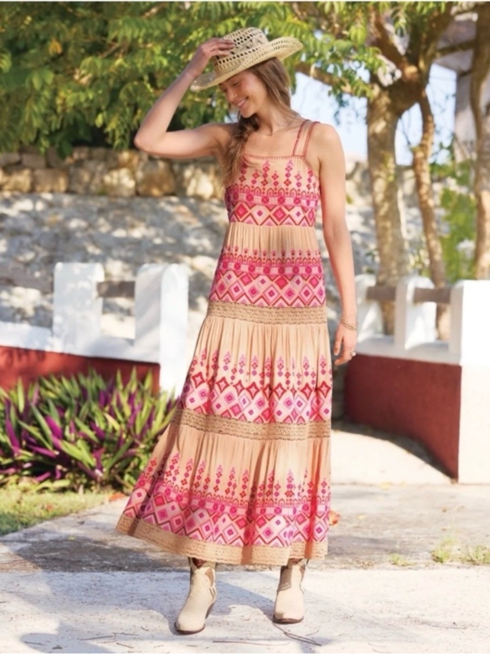 NWT Sundance $300 Garden Sunset Boho Tiered Maxi Dress Beige Pink 14 14P